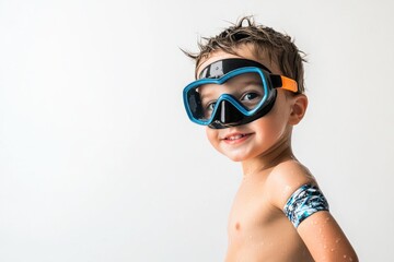 A young boy wearing a pair of diving goggles, perfect for underwater adventures or swimming