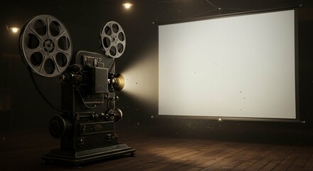 A 3D render of an old film projector with reels, casting light onto a screen in a dark room.