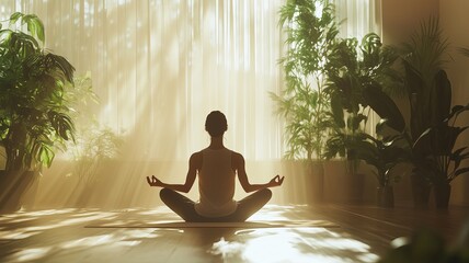 Meditation practice indoor studio lifestyle content tranquil environment rear view mindfulness concept for inner peace