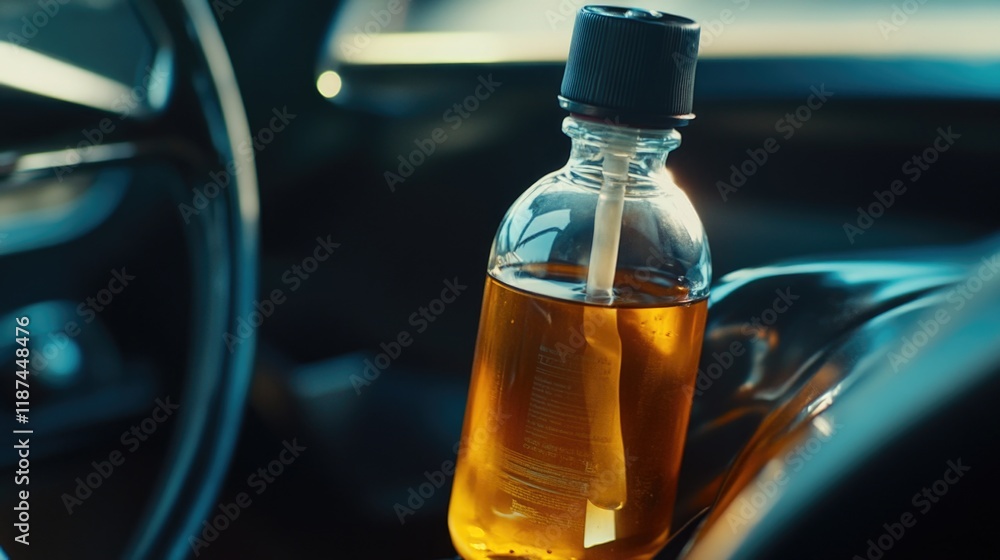Aufkleber a bottle of liquid sits on the dashboard of a car, suitable for use in various settings such as driv