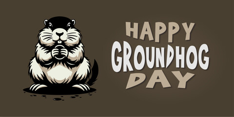 Happy Groundhog Day vector illustration with cute groundhog waking up and coming out of his burrow. Happy Groundhog Day on February 2. best for banner, card, poster and social media posts.