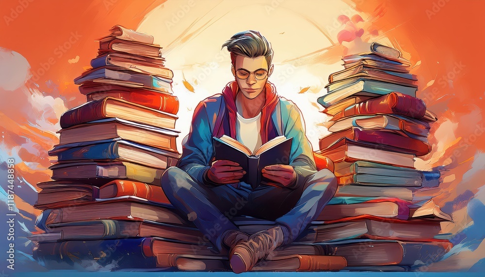 Poster wise man engrossed in knowledge a pile of books surrounding an illuminated reader in a paintinglike 