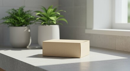 A plain eco-friendly soap bar box mock-up, lying on a bathroom counter with greenery.