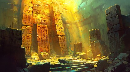 Ancient ruins crumbling stone walls and weathered hieroglyphs glowing in golden sunlight symbolizing lost civilizations and their enduring mysteries