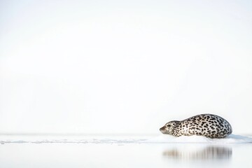 A leopard seal basking on an ice floe, its sleek, spotted body contrasting with the white surroundings.