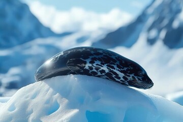 Fototapeta premium A leopard seal basking on an ice floe, its sleek, spotted body contrasting with the white surroundings.