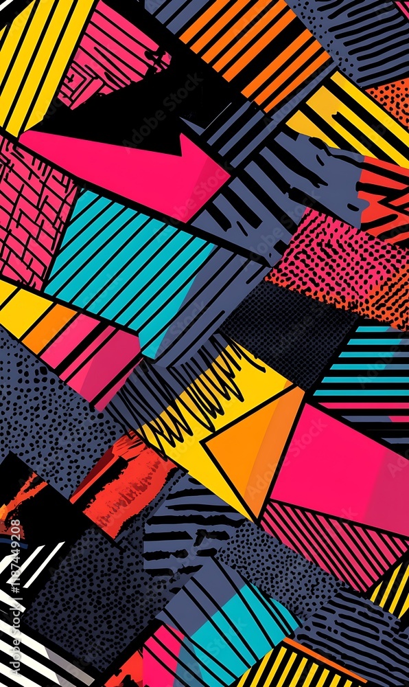 Poster soft neon color layers with abstract shapes on a geometric backdrop, overlapping in a translucent st