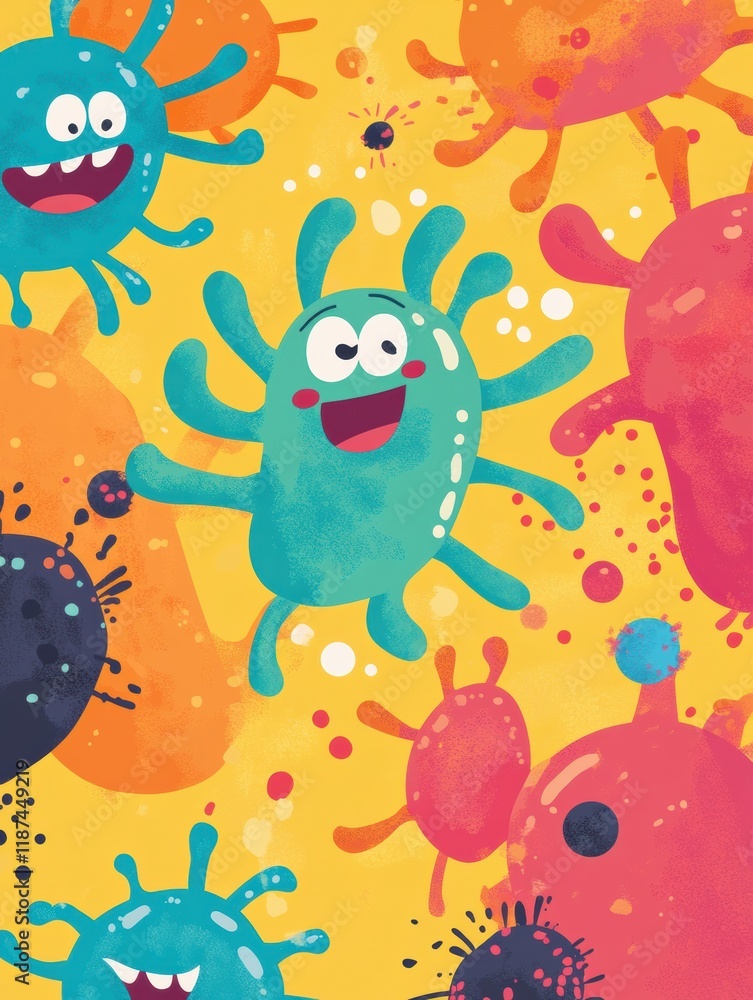 Poster playful cartoon viruses engage in a lively battle with colorful antibodies in a whimsical setting. g