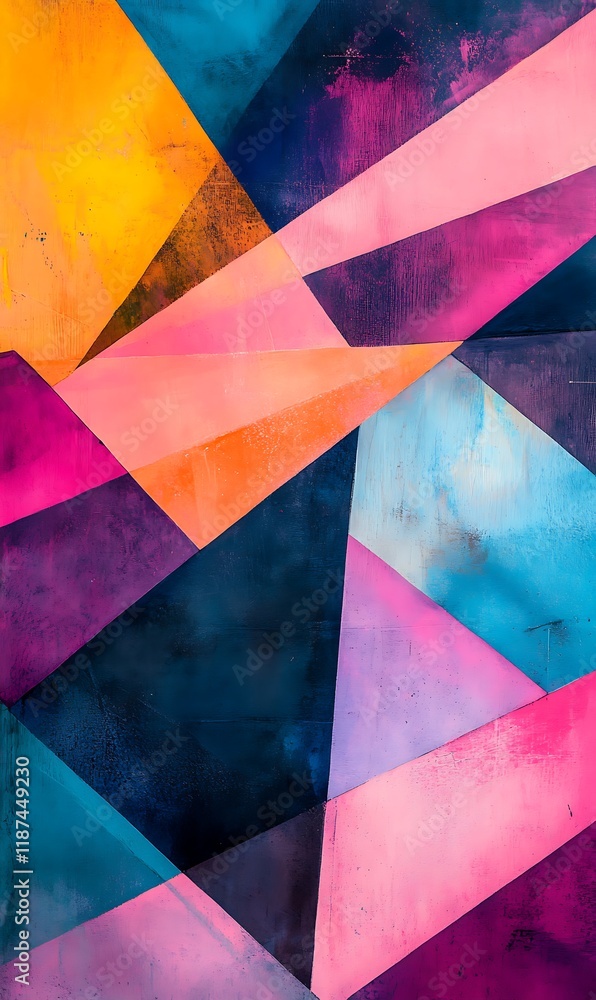 Poster soft neon color layers with abstract shapes on a geometric backdrop, overlapping in a translucent st