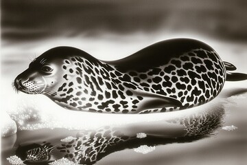 Naklejka premium A leopard seal basking on an ice floe, its sleek, spotted body contrasting with the white surroundings.