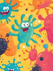 Obraz premium Playful cartoon viruses engage in a lively battle with colorful antibodies in a whimsical setting. Generative AI