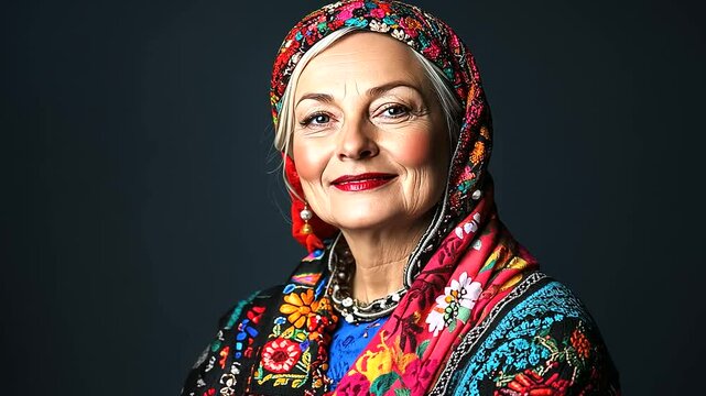 A Polish woman in a vibrant folk costume, with a floral headscarf and colorful beadwork, representing cultural elegance in the studio setting.