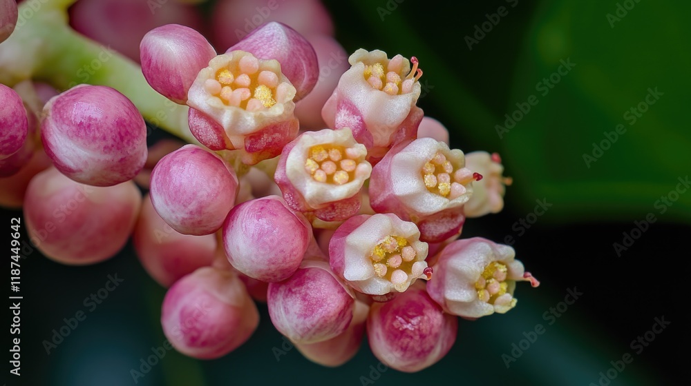 Poster a close-up view of a cluster of pink flowers, perfect for use in designs related to spring, gardenin