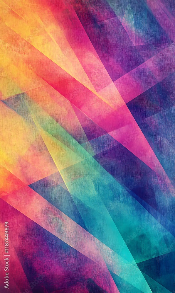 Poster neon color layers in abstract shapes overlapping each other on a transparent geometric backdrop