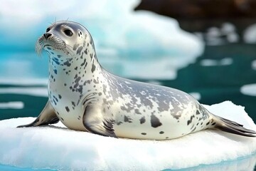 A leopard seal basking on an ice floe, its sleek, spotted body contrasting with the white surroundings.