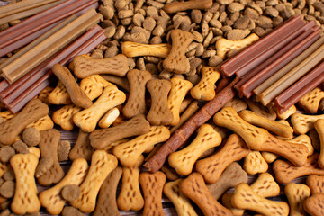 Pet Food Texture. Lot of Dry Granules of Crunchy Dog or Cat Food. Rotating Background. Animal Feed Pile. Fodder. Meal for Cats, Dogs. Filling. Daylight. Advertising. Pet Shop, Delivery. Healthy Treat