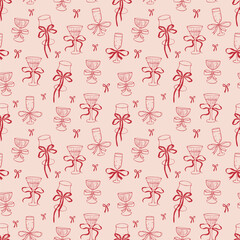 Vector rococo seamless pattern with whimsical illustrations. Cherry red glass with bows
