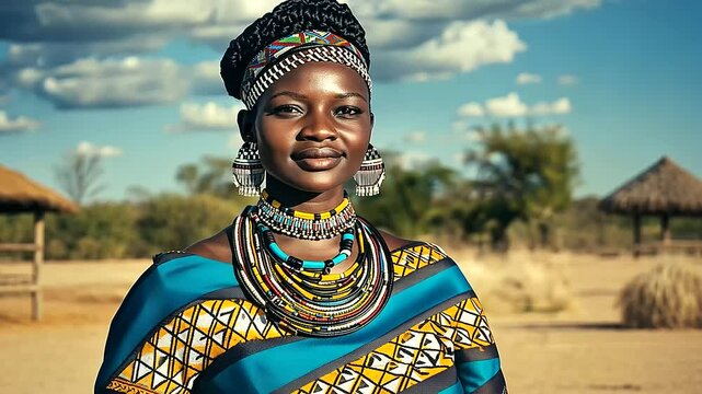 A proud African woman in a boldly patterned Ndebele outfit, her jewelry emphasizing the intricate craftsmanship of her culture, her pose dignified and radiant.