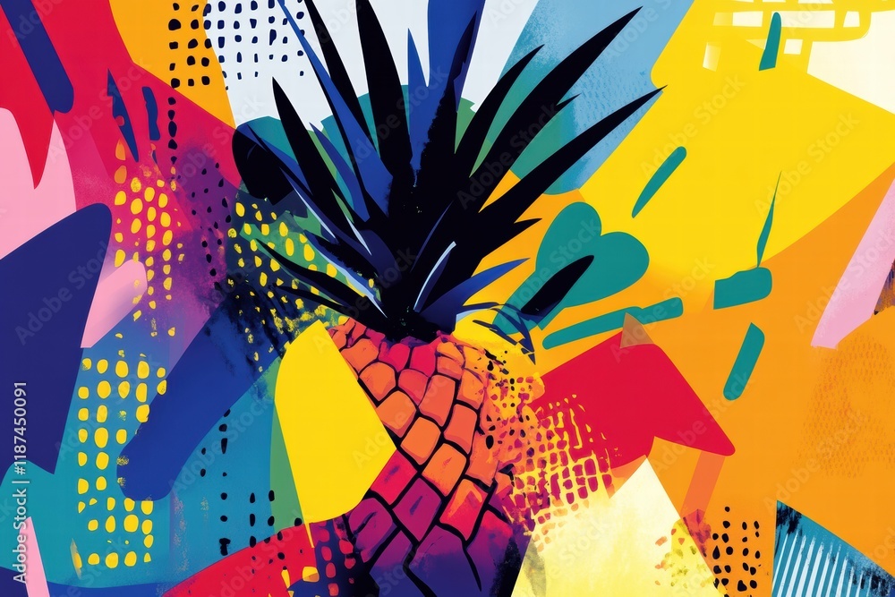 Poster colorful abstract geometric pineapple design combining vibrant patterns and shapes in a lively compo