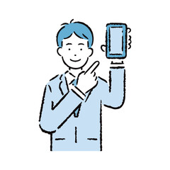 スマホを指さすスーツを着た男性