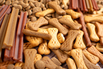 Pet Food Texture. Lot of Dry Granules of Crunchy Dog or Cat Food. Rotating Background. Animal Feed Pile. Fodder.