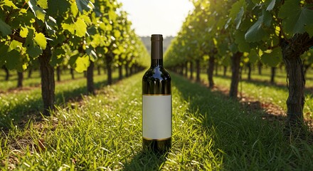 A blank premium wine bottle packaging mock-up, lying in a vineyard setting.