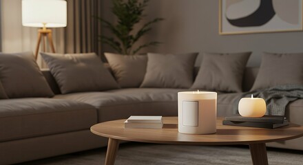 A plain luxury candle box mock-up, placed in a cozy living room with warm lighting.