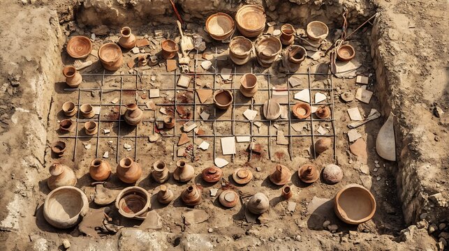 Pottery shards ancient ceramics meticulously arranged on a grid captured in the middle of an archaeological dig site