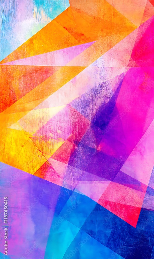 Poster Layers of Neon Colors Blending Together with Abstract Shapes on a Geometric Backdrop