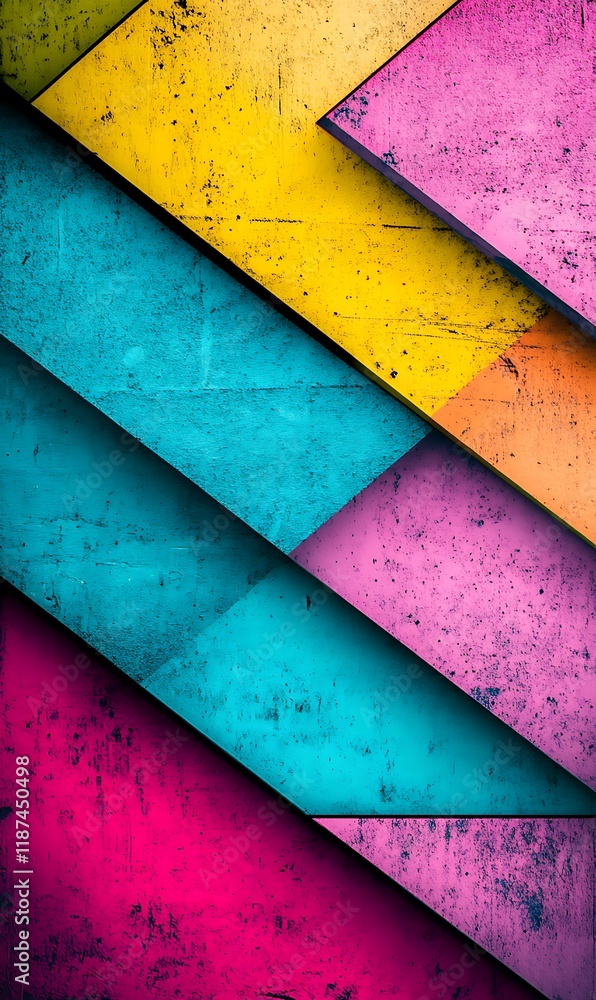 Poster layers of neon colors blending together with abstract shapes on a geometric backdrop