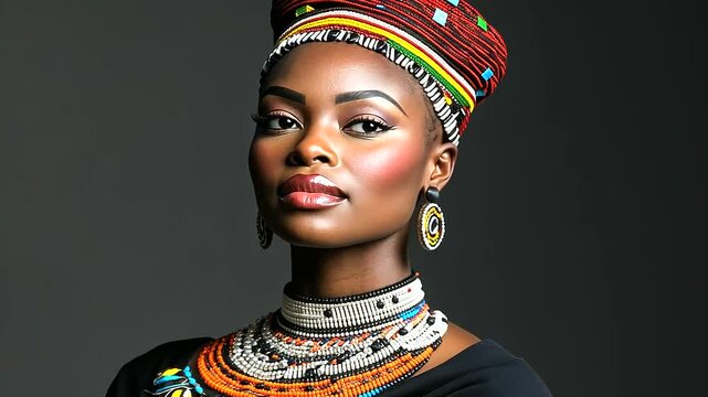 A regal African woman dressed in traditional Zulu attire, featuring a beaded isicholo headdress and colorful accessories, standing gracefully against a minimalist background.