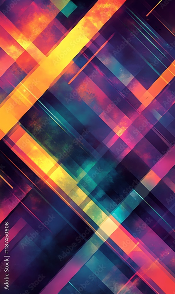 Poster abstract neon colors in layers, overlapping shapes on a geometric background with transparent effect