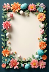 Fototapeta premium A floral frame with colorful eggs and vibrant flowers surrounds a blank space for an Easter card