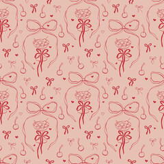 Vector rococo seamless pattern with whimsical illustrations. Cherry red glass with bows