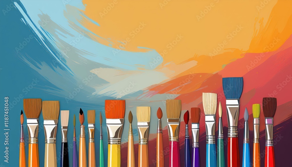 Poster striking minimalist composition paint brushes and empty space in front of bold white canvas, explori