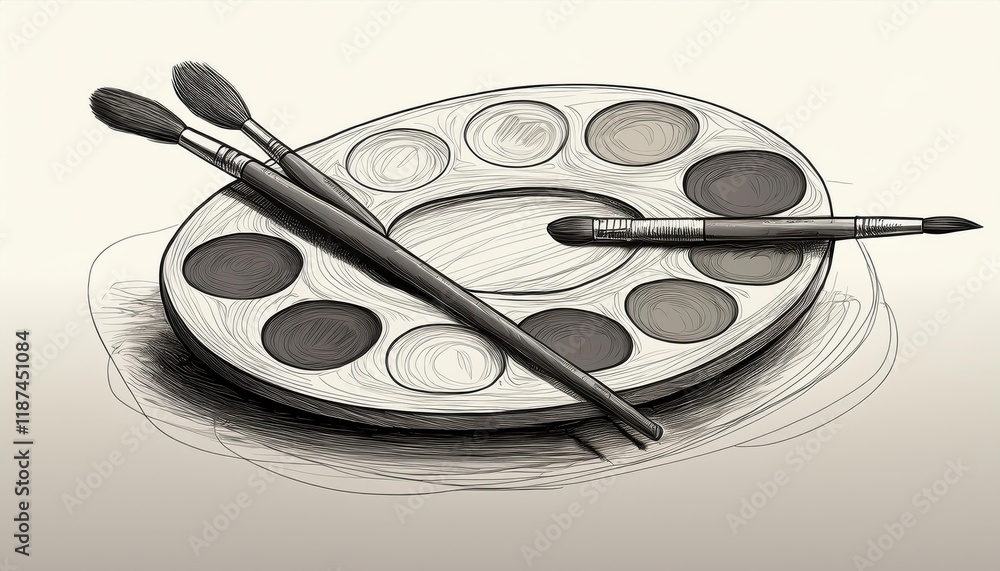 Poster minimalist sketch of a paint palette with brushes a monochromatic exploration of artistic tools in a