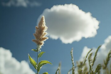 A colorful flower grows amidst greenery, with a cloudy sky visible in the background