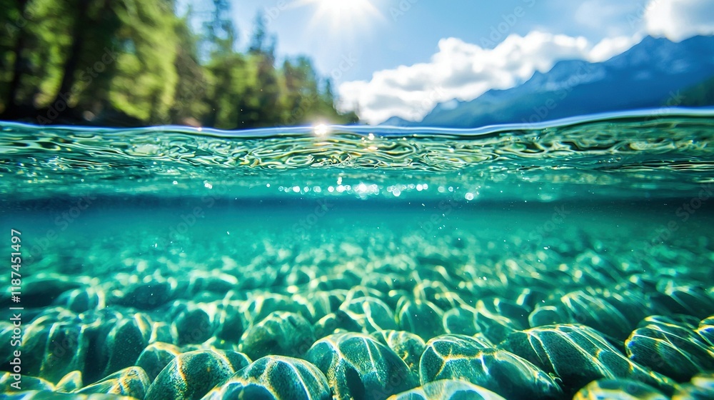 Poster water with many bubbles beneath and trees in backdrop