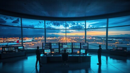 Air traffic control tower at night with sunset view and operators monitoring flight operations.