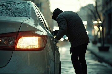 A person standing beside a car on a city street, ideal for urban or transportation-related concepts