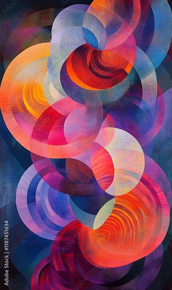 Poster blue, orange, and red circular shapes overlapping each other on a geometric abstract backdrop.