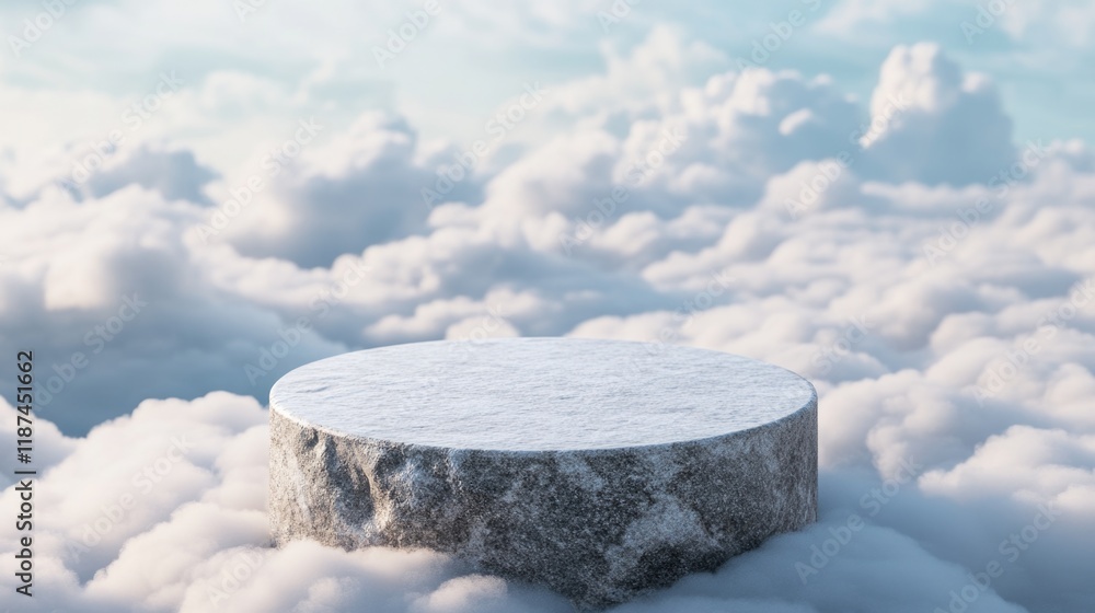 Poster a round object floats in the air amidst white clouds