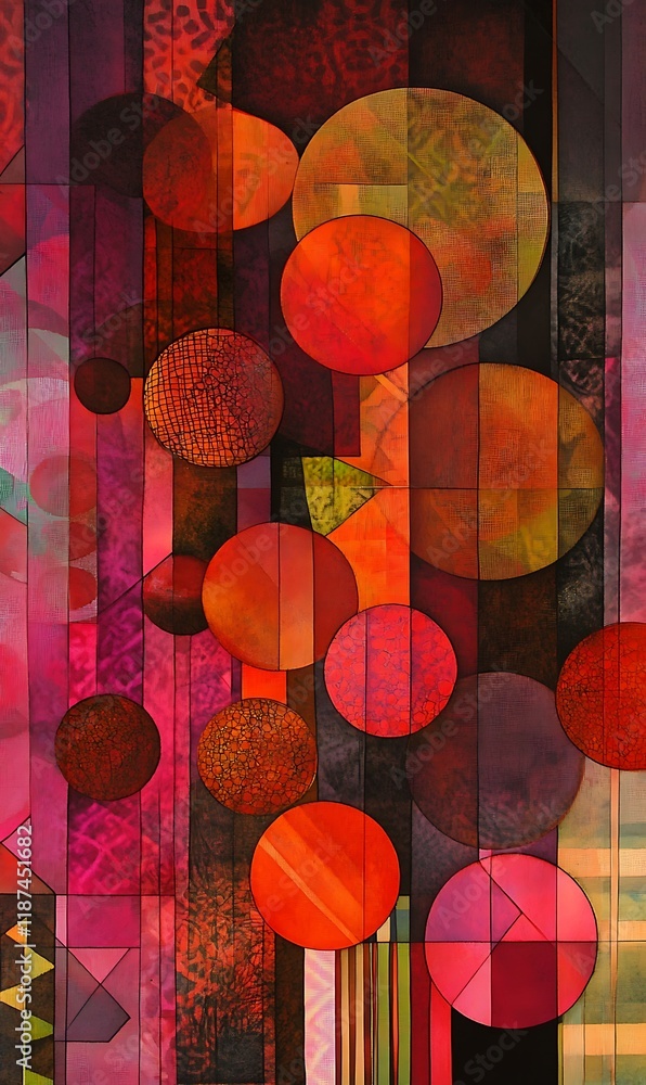 Poster abstract geometric background with layers of blue, orange, and red overlapping circles.