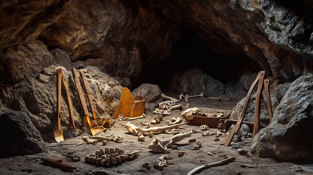 Fossil bone fragments unearthed a prehistoric cave surrounded by ancient tools and remnants of early human activity in a vivid archaeological scene