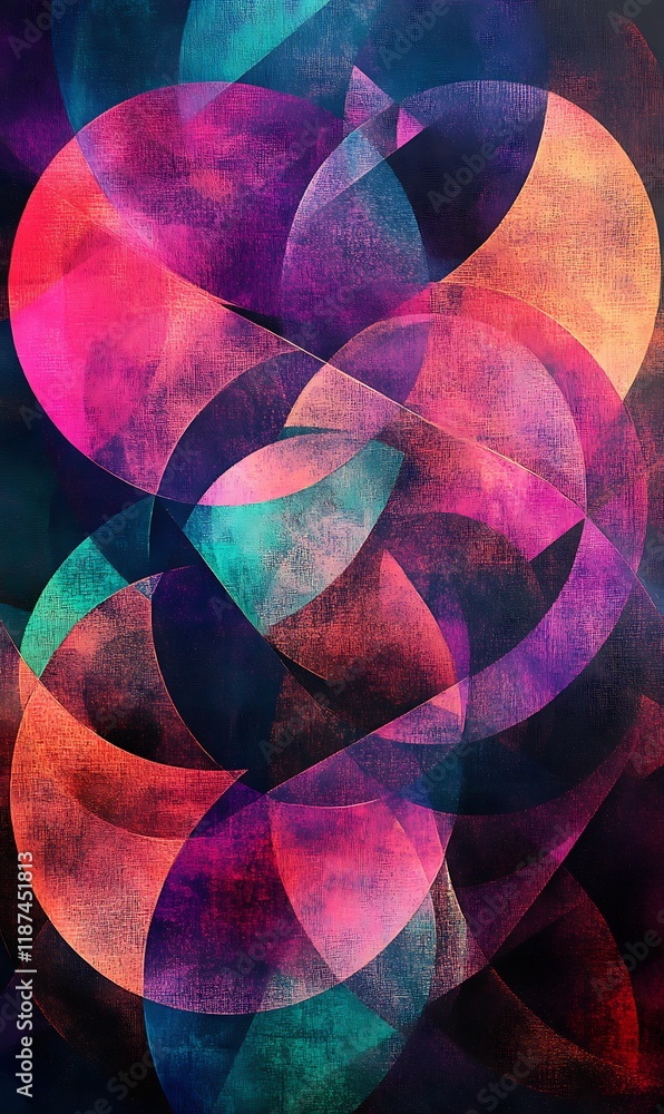 Poster blue, orange, and red circular patterns overlapping on a geometric abstract background.