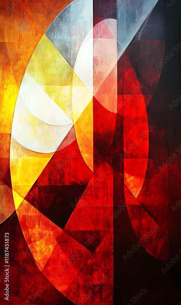 Poster blue, orange, and red circular patterns overlapping on a geometric abstract background.