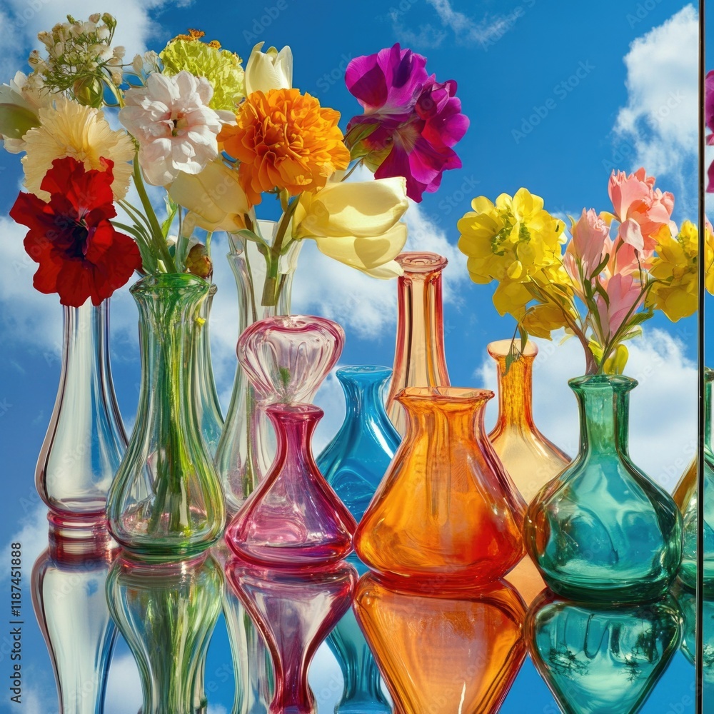 Poster a collection of vibrant vases arranged on a flat surface