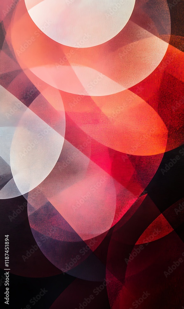 Poster blue, orange, and red circular patterns overlapping on a geometric abstract background.