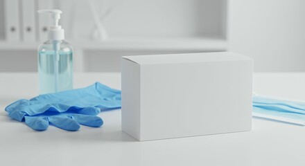 A blank face mask box mock-up, in a clinic setting with gloves and sanitisers 3d illustration image.