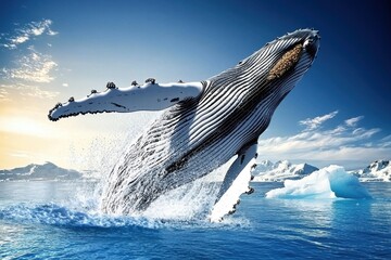 Fototapeta premium A majestic humpback whale breaching near an iceberg in the Antarctic Peninsula